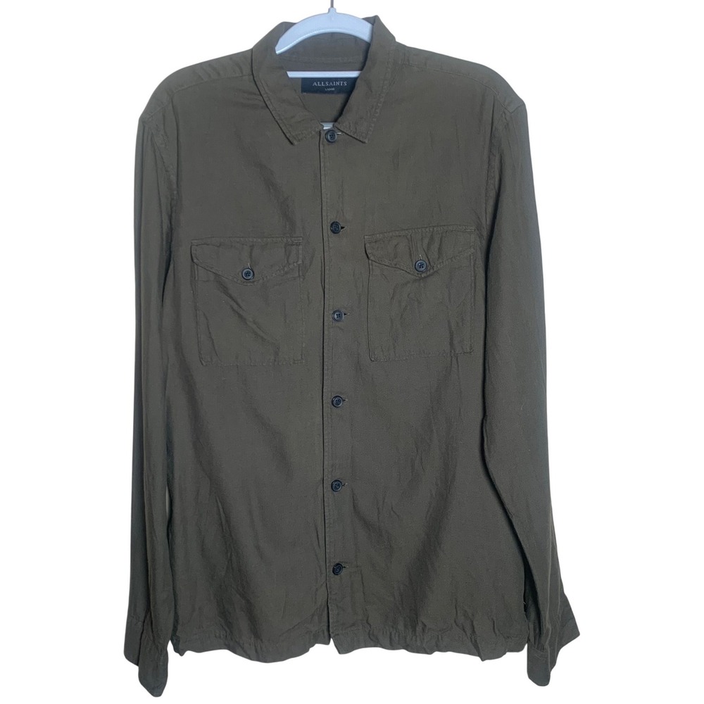 AllSaints Glendora LS Shirt Mens Large Olive Green Excellent Utility Button Down